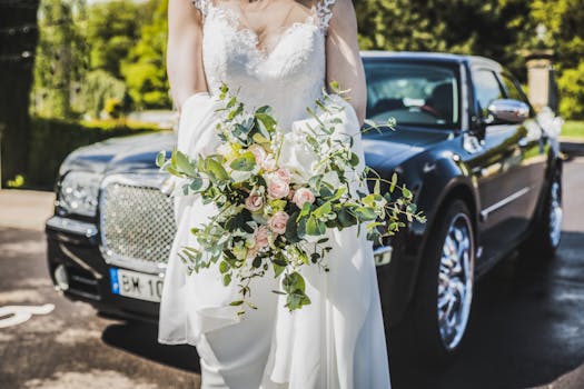 Bride in white gown holding a bouquet near a luxury car, symbolizing elegance and romance.