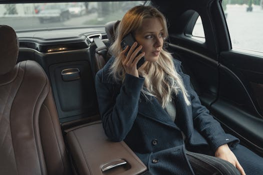 Young businesswoman talking on phone in a luxury car. Professional and confident.