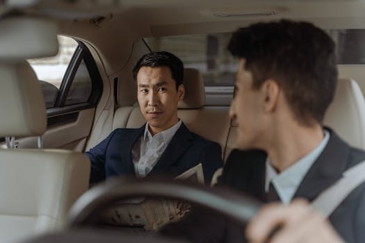 Two businessmen in a luxury car, having a conversation during a road trip.